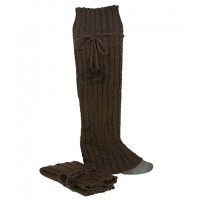 Socks/ Leg Warmers - 12 Pairs Knitted Leg Warmers w/ Drawstring Pompom - Brown - SK-F1005BN